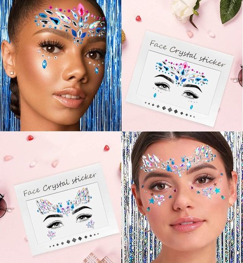 iMethod Face Jewels and Body Glitter - Face Gems, Mermaid Face Jewels Stick On, Holographic Cosmetic Face Glitter, for Festival Holiday Costumes & Halloween Alien Makeup, 12 Pcs