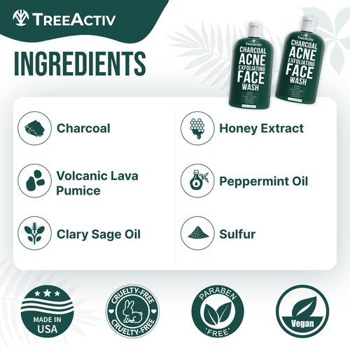 TreeActiv Acne Charcoal Face Wash 3.4 oz, Exfoliating Daily Honey & Sulfur Acne Cleanser Face Soap, Deep Cleansing Moisturizing Face Wash for Women and Men