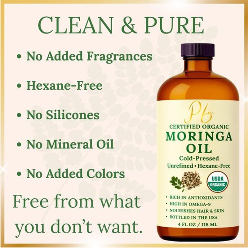 Pomberries Organic Moringa Oil – USDA Certified 100% Pure, Cold-Pressed & Unrefined – Moringa Seed Oil for Face, Skin, Hair & Body – Hydrating, Anti-Aging Moisturizer – 4 fl oz Amber Glass Bottle