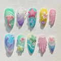 BABALAL Beach Press on Nails Medium Almond Fake Nails Blue Summer Glue on Mermaid Seashell Design 30Pcs Stiletto Glossy Handmade Diy Stick on False Nails Custom for Women Girls