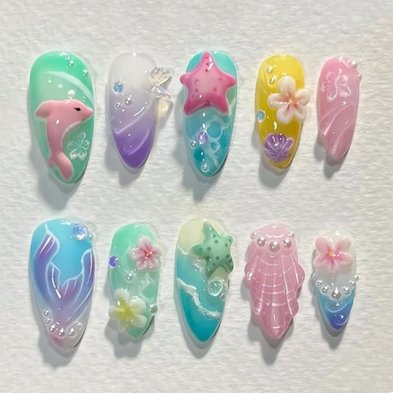BABALAL Beach Press on Nails Medium Almond Fake Nails Blue Summer Glue on Mermaid Seashell Design 30Pcs Stiletto Glossy Handmade Diy Stick on False Nails Custom for Women Girls