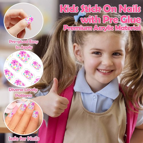 240 Pieces Press on Nails Girls Fake Nails for Kids Artificial Kids Press on Nails Full Cover Short Acrylic Stick On Nails False Nail Tips Kit for Children Little Girls Nail Art Decoration