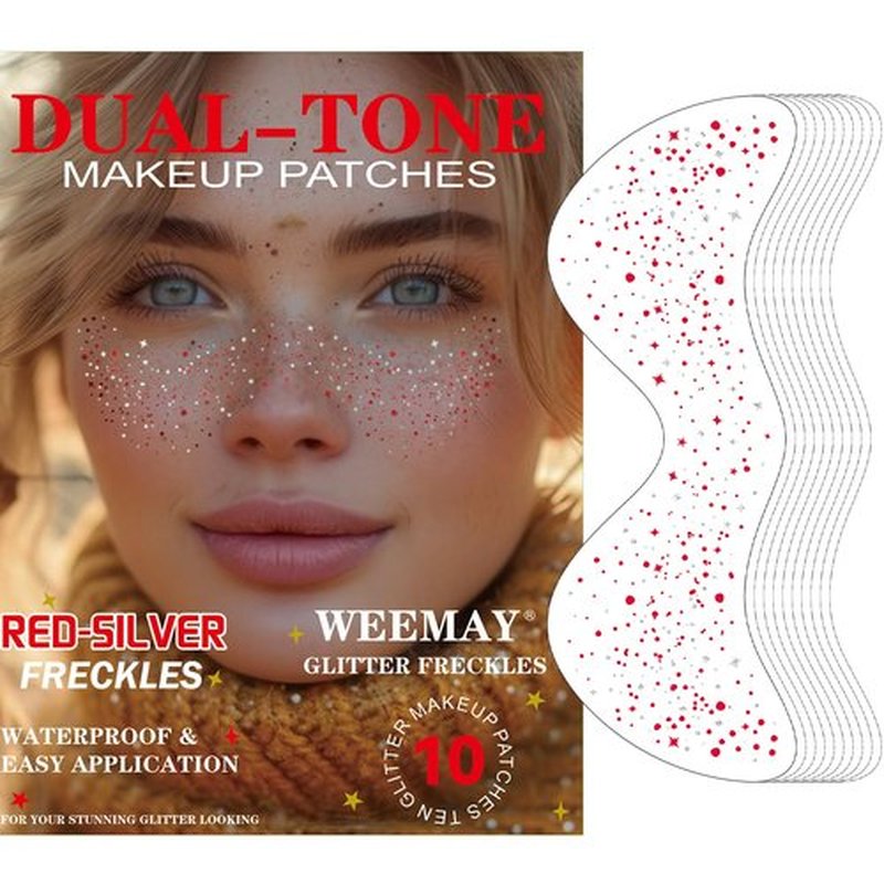 10 Pcs Red-Silver Dual-tone Glitter Freckles,Red and Silver Christmas Glitter Freckles Face Tattoo, Waterproof Face Sparkle Freckles, Long-lasting 48h Temporary Tattoos for Women and Girls