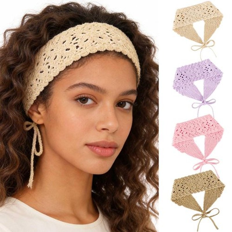 Acenail Boho Headbands Crochet Hair Bandanas Head bands Hippie Hair Scarfs Tie Back Head Kerchief Knitted Hairband Bohemian Headwrap Floral Hair Accessories for Women (Solid Color)