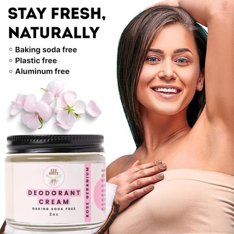 ECO ROOTS Natural Deodorant Cream - Organic, Non-Aluminum Formula | Vegan & Baking Soda Free | Rose Geranium Scent