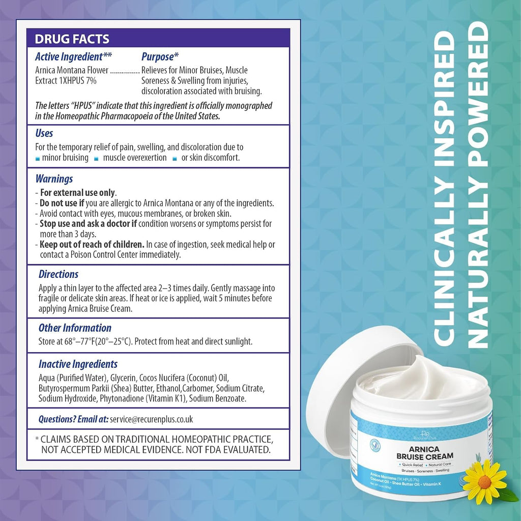 Recuren Plus Arnica Bruise Cream Extra Strength: Rapid Relief for Bruising Swelling Soreness Pain on Thin Skin - Potent Arnica Montana with Vitamin K Coconut Shea Butter - Face & Body