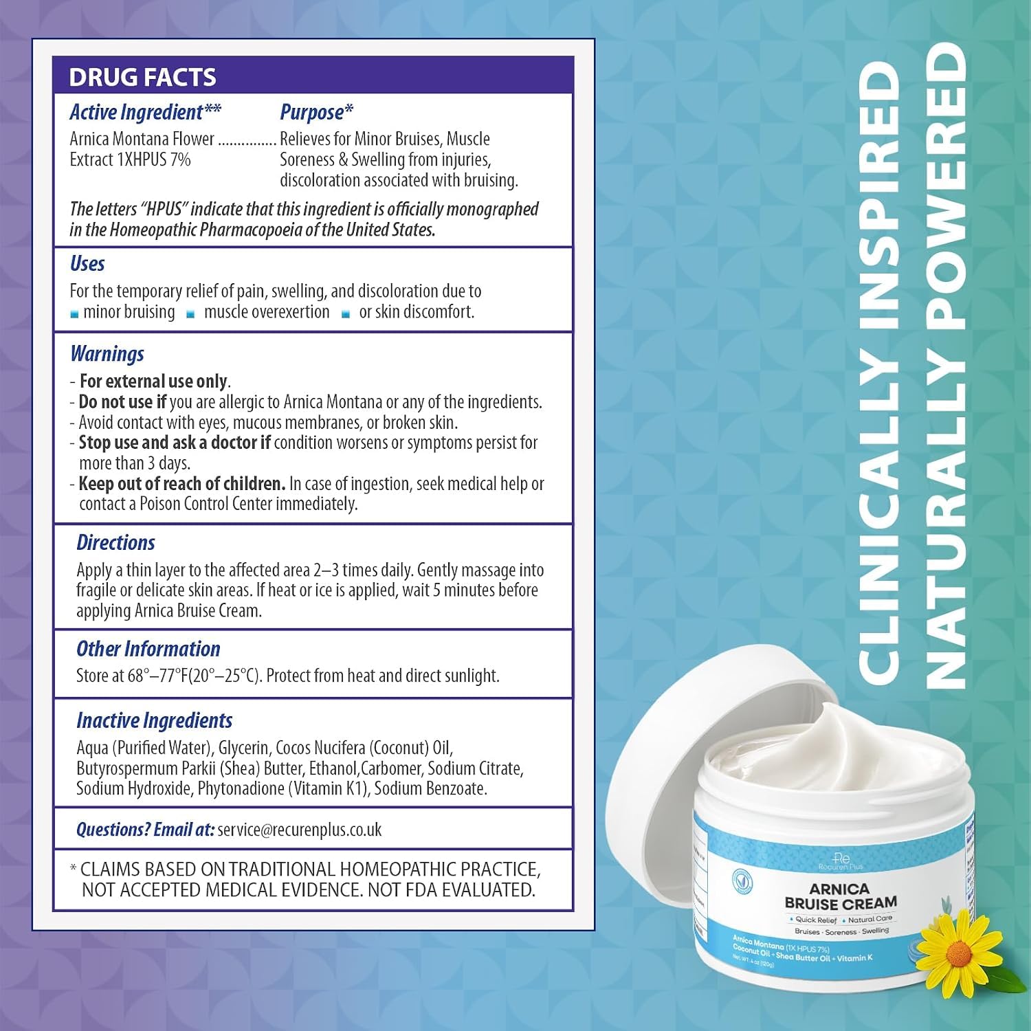 Recuren Plus Arnica Bruise Cream Extra Strength: Rapid Relief for Bruising Swelling Soreness Pain on Thin Skin - Potent Arnica Montana with Vitamin K Coconut Shea Butter - Face & Body