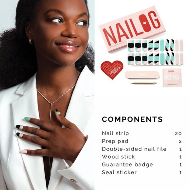 NAILOG Semi Cured Gel Nail Strips, 20Pcs Long Lasting Light Green Black Color Block Gel Nail Stickers, Salon Quality Easy Apply & Remove Works with Any UV/LED Nail Lamps, Three