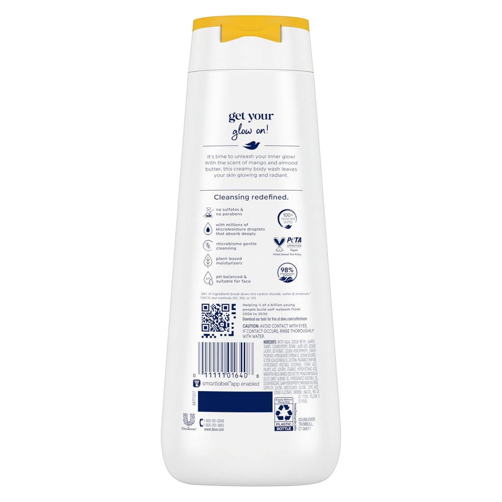 Dove Body Wash Glow Mango & Almond Butter for 24hr Lotion-Soft Skin Moisturizing Skin Cleanser with No Sulfates No Parabens 20 oz