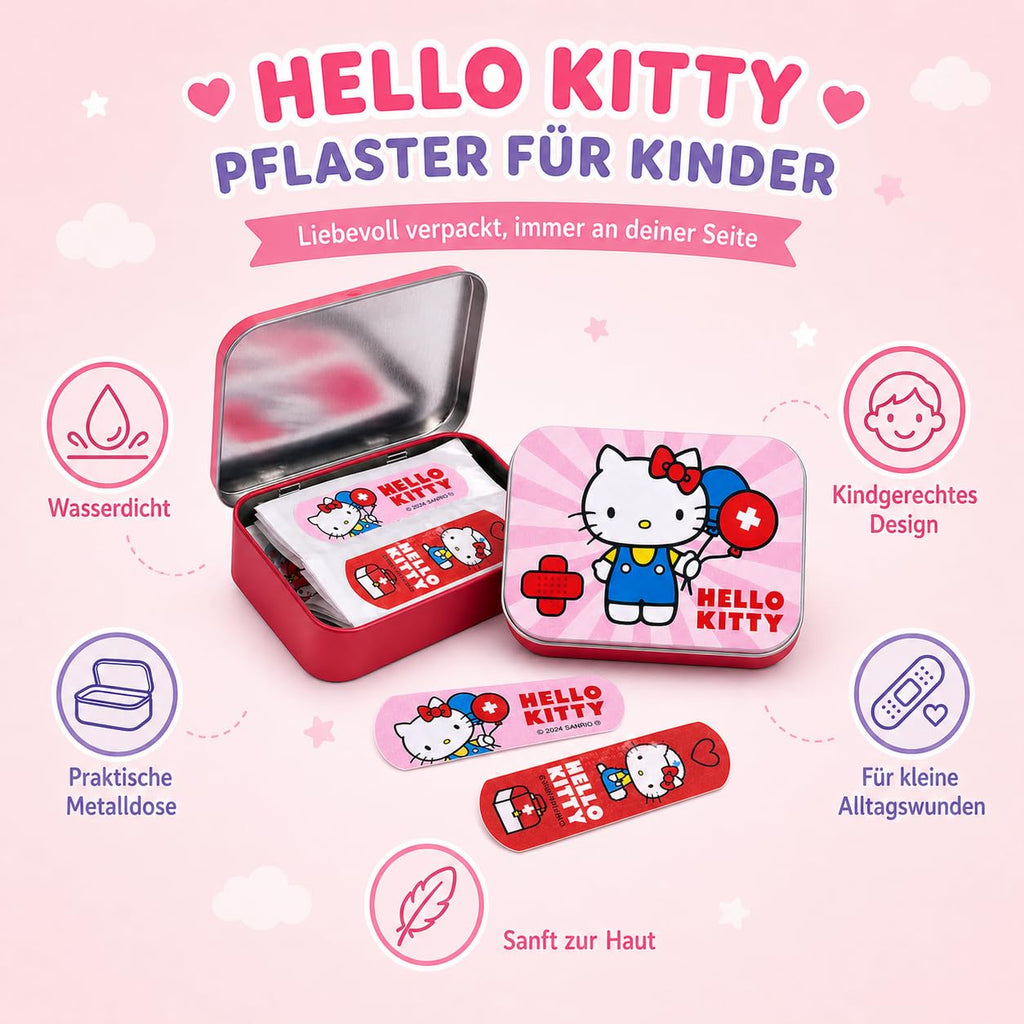 Hello Kitty Pink Kids Bandages – Licensed Metal Tin – 24 Colorful Plasters with Cute Design – Ideal for Backpack, Travel or Purse – First Aid Fun for Children – 1 Pack