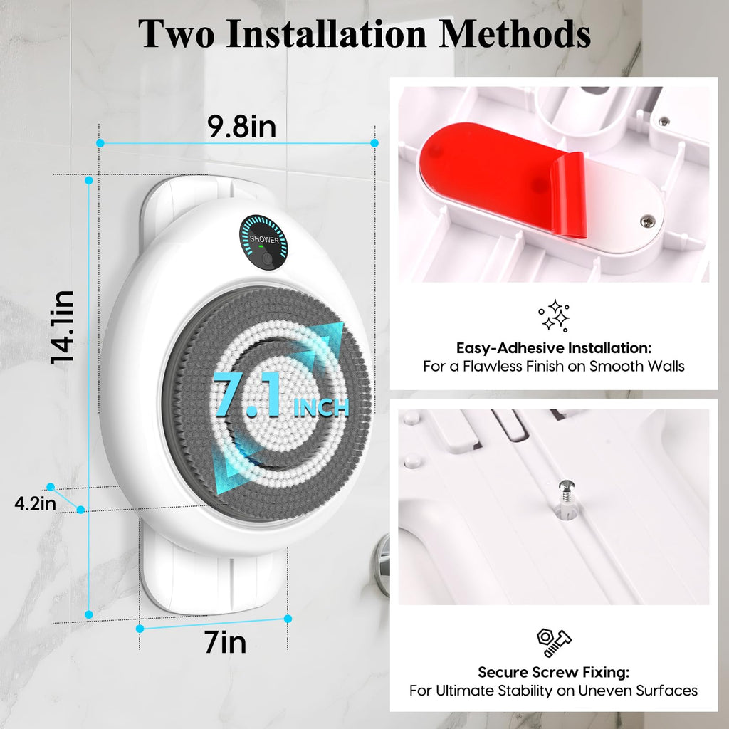 Electric Back Scrubber for Shower - Wall Mounted Exfoliating Brush, Hands-Free Automatic Body Scrubber, IPX7 Waterproof, 3-Speed Adjustment, 3 Replaceable Heads with 50pcs Disposable Shower Caps