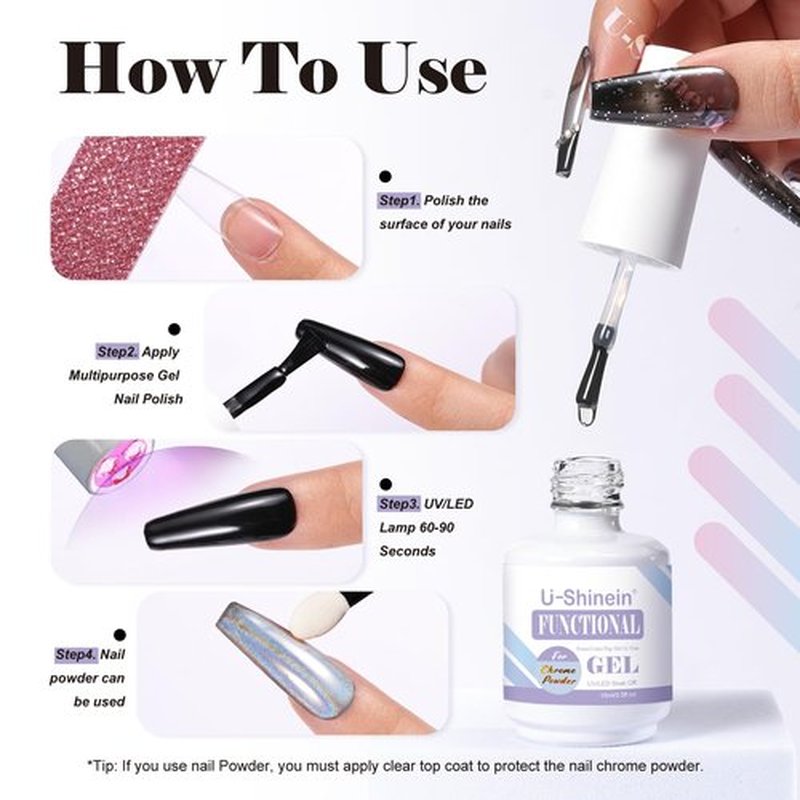 U-Shinein Functional Nail Polish Gel, Nail Chrome Powder Gel Top Coat Base Gel One Step Color Gel Soak Off LED UV Nail Gel Non-fogging Long-lasting Fast-drying Evening High Gloss Home DIY Black