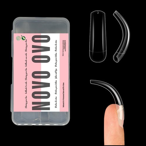 NOVO OVO Halloween 100 pcs Long Hawk Curved Nail tips, Clear Cystal Extra Super Extreme Deep Curve Half Cover Tapered Square Eagle Claw Soft Gel False Nail Extension for Acrylic Nails x10 Sizes in Box