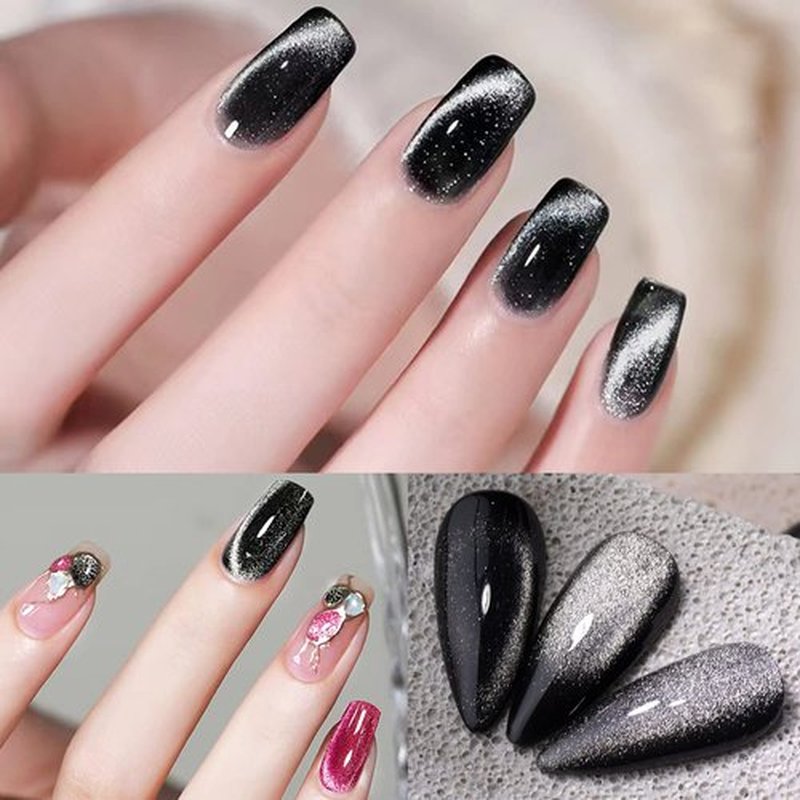 AHAMIOU Crystal Cat Eye Gel Polish Kits Magnetic Nail Polish Set Holographic Cats Eyes Gel Nail Polish Shiny Diamond Glitter Gel with Magnet Stick (2PCS-silver&black)