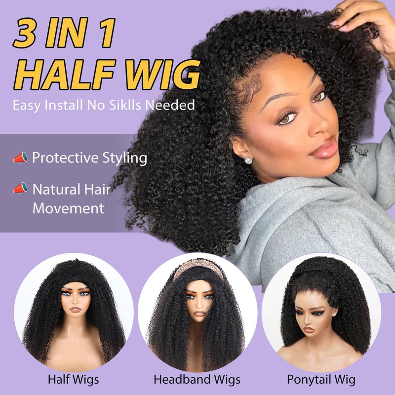 V SHOW Afro Curly Half Wig Human Hair 180% Density Wear Go Glueless Wigs Human Hair 18 Inch Curly 3 In 1 Half Wigs for Women Drawstring Seamless Flip Headband Wig Beginner Friendly