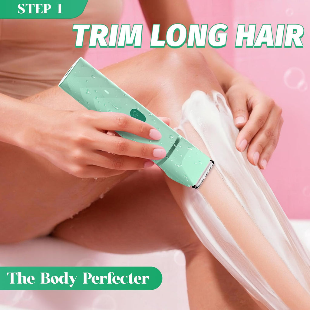 Bikini Trimmer for Women, IPX7 Waterproof, Painless Rechargeable Electric Razor Remover, 2-in-1 Facial & Pubic Hair Removal for Sensitive Skin, Portable Travel Size, Women’s Gift, Green