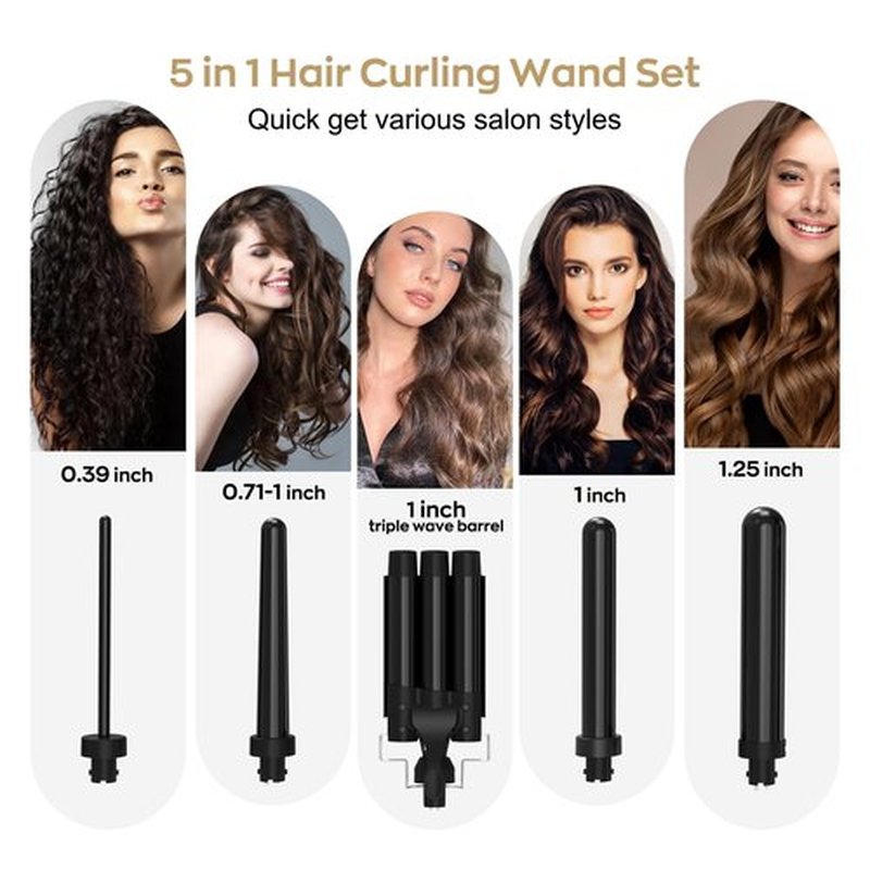 5 in 1 Wand Curling Iron, janelove Hair Curling Wand Set with 3 Barrel Hair Crimper and 4 Interchangeable Ceramic Curling Irons (0.39 "-1.25"), 2 Temps Fast Heat Hair Waver Curler for All Hair Type