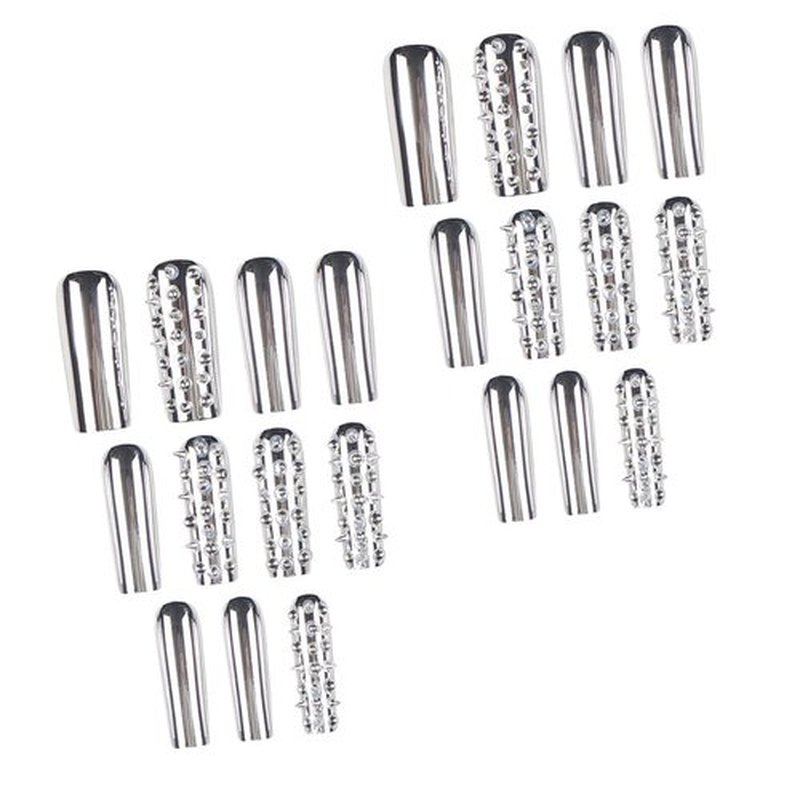 IMRAIN Press on Nails Long Square Fake Nails Metal Silver Acrylic False Nails with Rivets Design Chrome Gothic Full Cover Y2K DIY Nail Supplies Stick on Nails for Women Manicure