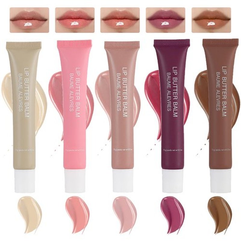 5 Colors Lip Butter Balm Hydrating Lip Gloss, High Shine Nude Colors Lipgloss, Lip Tint Finish Lip Glow Oil, Plumping Lip Gloss for Women