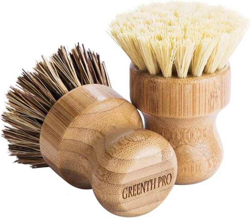 Bamboo Palm Pot Brush Set - Durable Mini Dish Scrubber Kit with Union & Tampico Fiber | 3 Packs