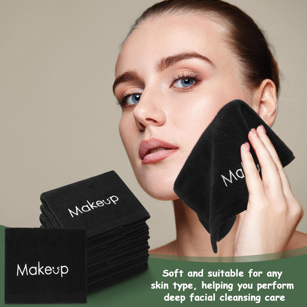 Shimeyao 13x13 Inch Black Makeup Towels Bulk Reusable Makeup Washcloths for Face Facial Remover Washcloths Absorbent Cotton Towel for Salon Spa Women Skin Care(6 Pcs,Cross Pattern)