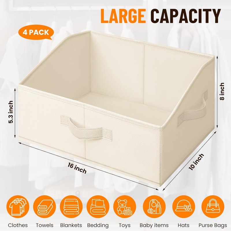 Criusia Closet Organizers | Large Fabric Bins 4-Pack with Handles - Ideal for Clothes, Toys, and More