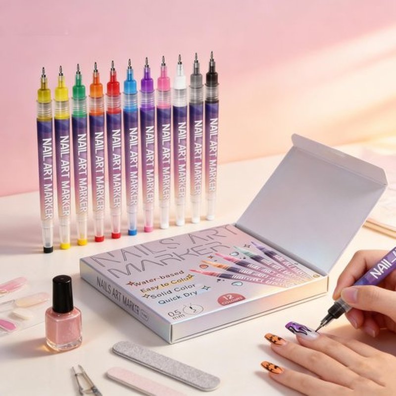 12 Colors Nail Art Pens Set, 3D Nail Art Pens Quick Dry and Waterproof for DIY Nail Design, 0.5mm Fine Tip Liner for Dotting, Drawing and Detailing, Home and Salon Manicure Tools
