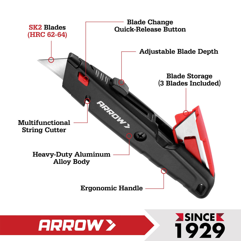 ARROW Retractable Box Cutter, Quick Change Utility Knife with 3 Blades