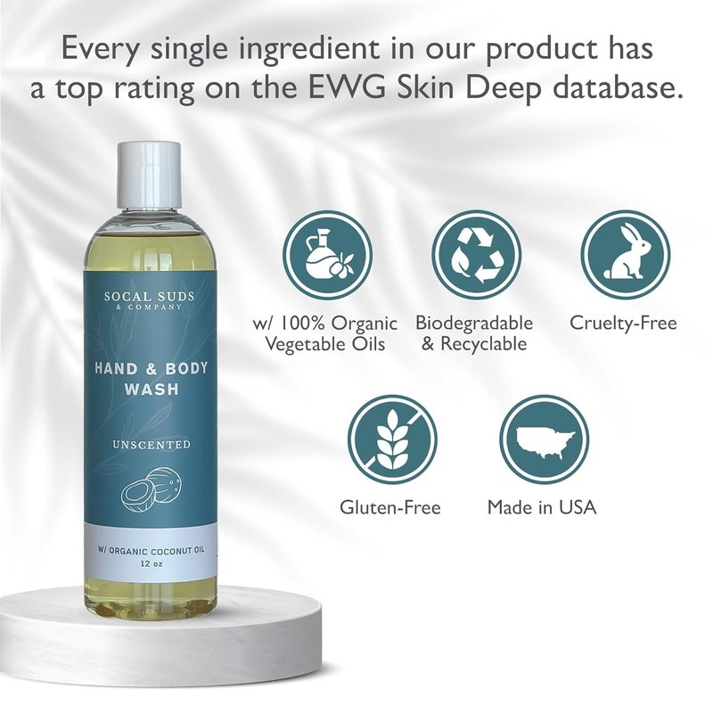 SoCal Suds & Company Organic Body Wash - Gentle Hand & Body Soap Liquid for Men & Women, Made w/Organic Oils & Coconut Oil, Nourishing Shower Gel Bodywash for All Skin Types, Fragrance-Free 2-Pk, 12oz