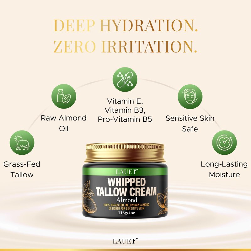 Whipped Tallow Cream 100% Grass-Fed Beef With Raw Almond Non-Greasy Deeply Moisturizer for Face Body Reduces Skin Irritation Sensitivity Smooth Soft Dry Skin Hydrating Treatment for Women 4oz