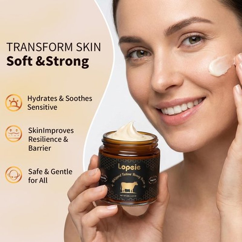 Lopeie Upgraded Organic Beef Tallow for Skin & Face – Whipped Grass-Fed Tallow and Honey Balm for Dry, Sensitive Skin, Natural Hydrating Face Moisturizer with Raw Honey (Unscented)
