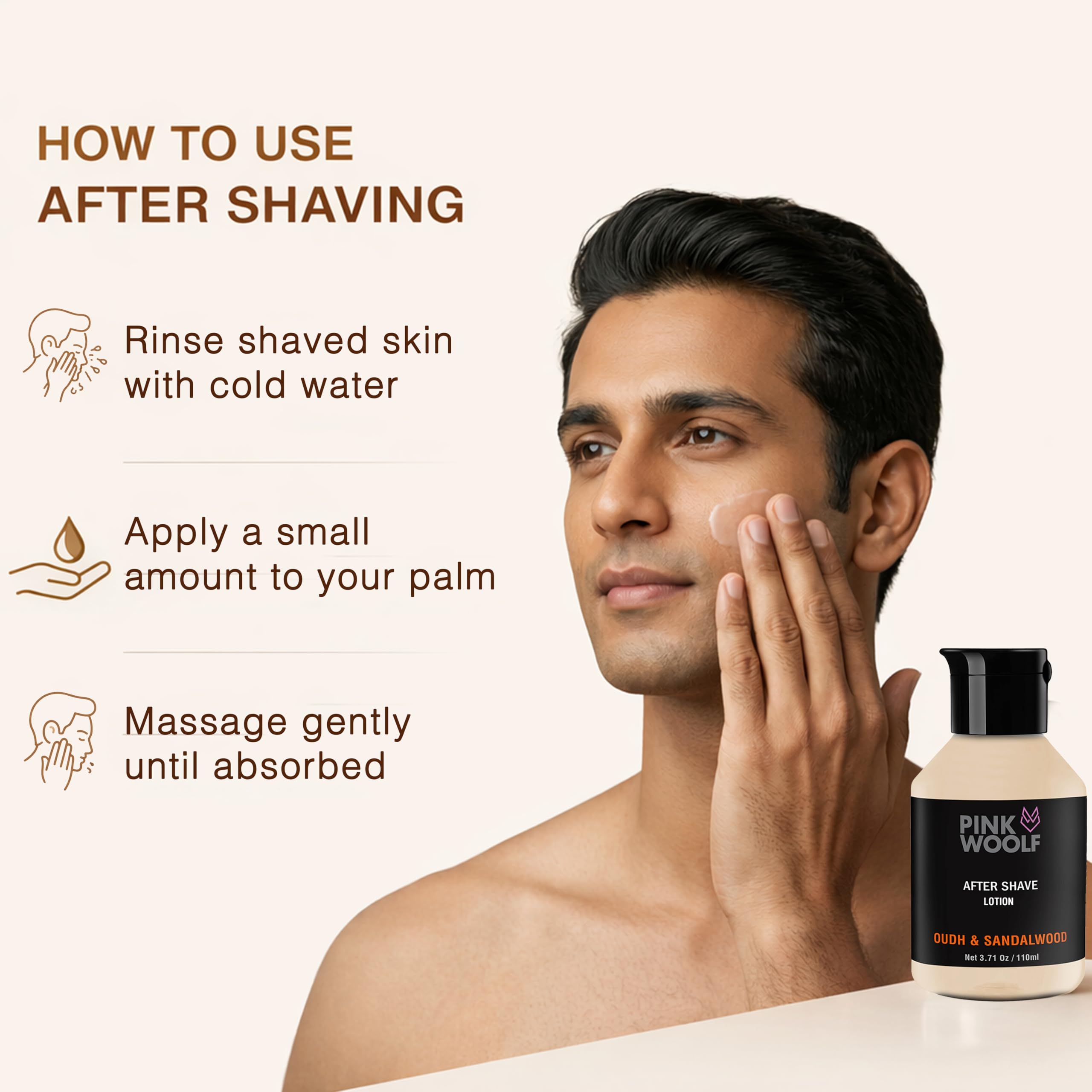 Pink Woolf After Shave Lotion for Men, Alcohol Free Aftershave Balm, Razor Burn & Irritation Relief, Fast Absorbing Post Shave Moisturizer, Oudh & Sandalwood, 3.7 oz