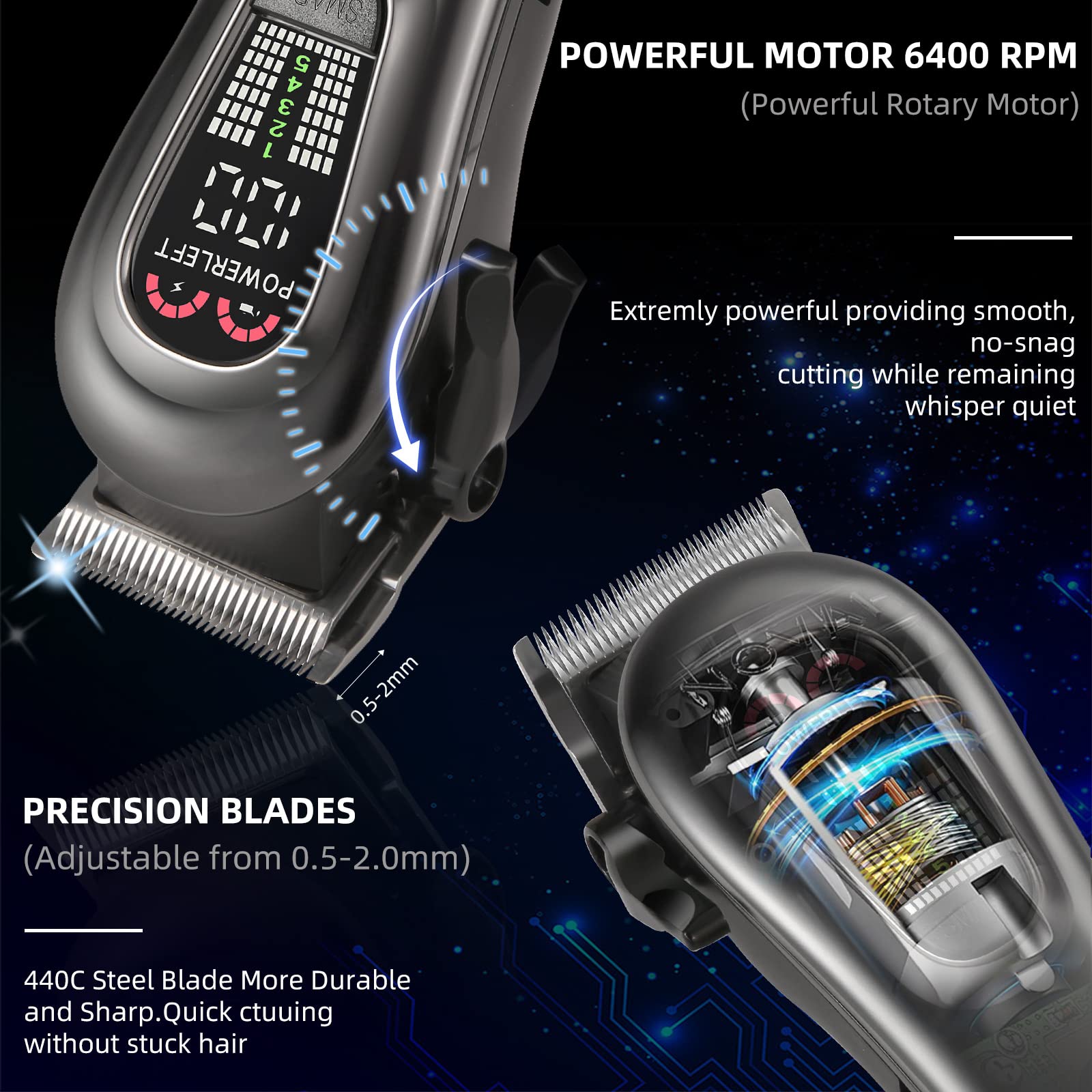 GEC Smart Hair Clipper for Men,Rechargeable -Professional Clippers,Low Noise 5-Mode Hair Clippers with Auxiliary Light Hair Trimmer Kit for Men