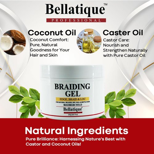 BELLATIQUE Edge, Braid, & Loc Maximum Hold Edge Control & Braiding Gel for Natural, Relaxed, Dry, Dull Hair - No Flaking, No Whitening, Fast Drying, High Shine, Maximum Hold Up to 48 Hrs (8.8 oz)