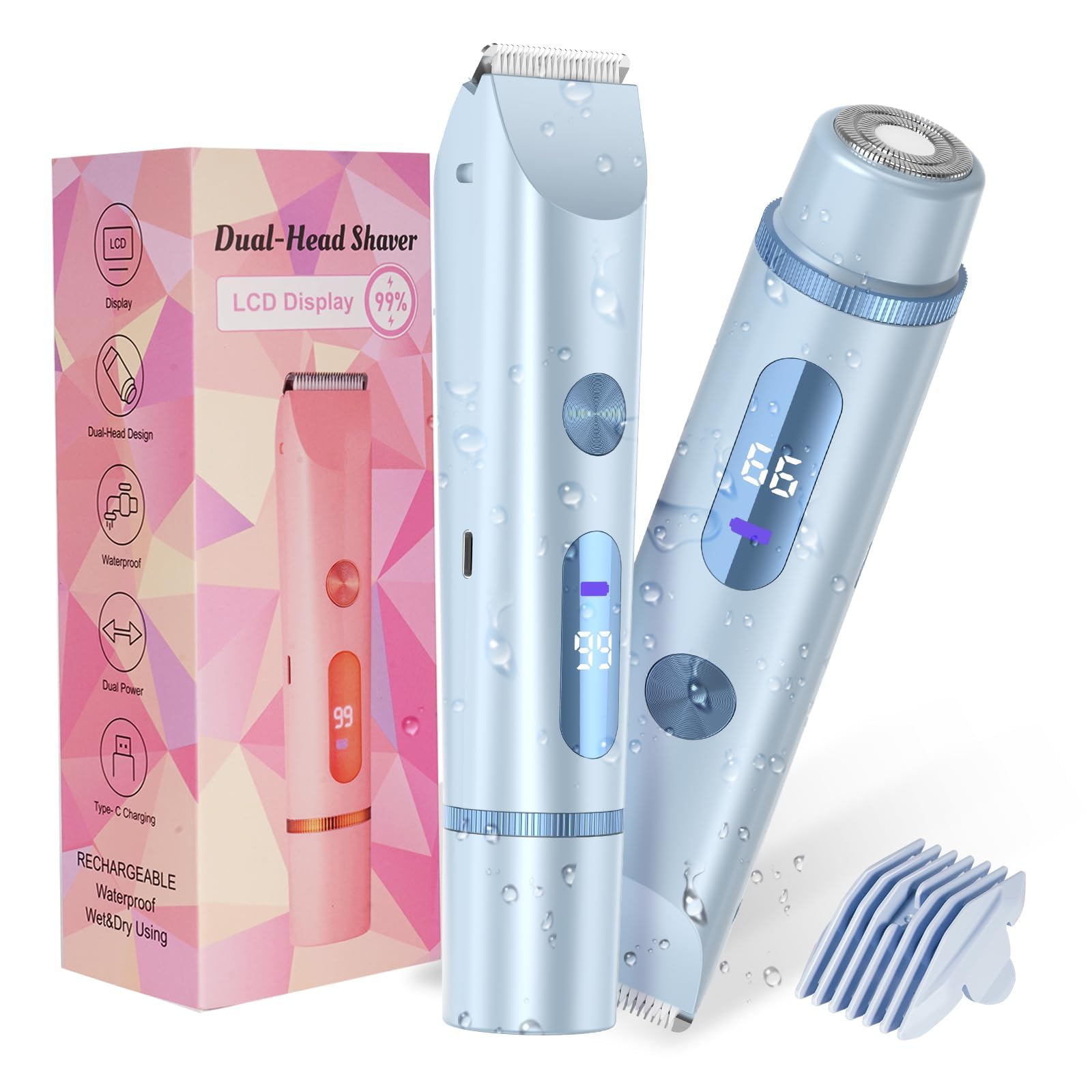 Bikini Trimmer for Women 2in1 High Power Epilators Hair Removal Waterproof Electric Razors Women's Electric Razor Pubic Hair Trimmer Shaver for Women for Ladies Pubic, Face, Underarms, Legs (Blue)