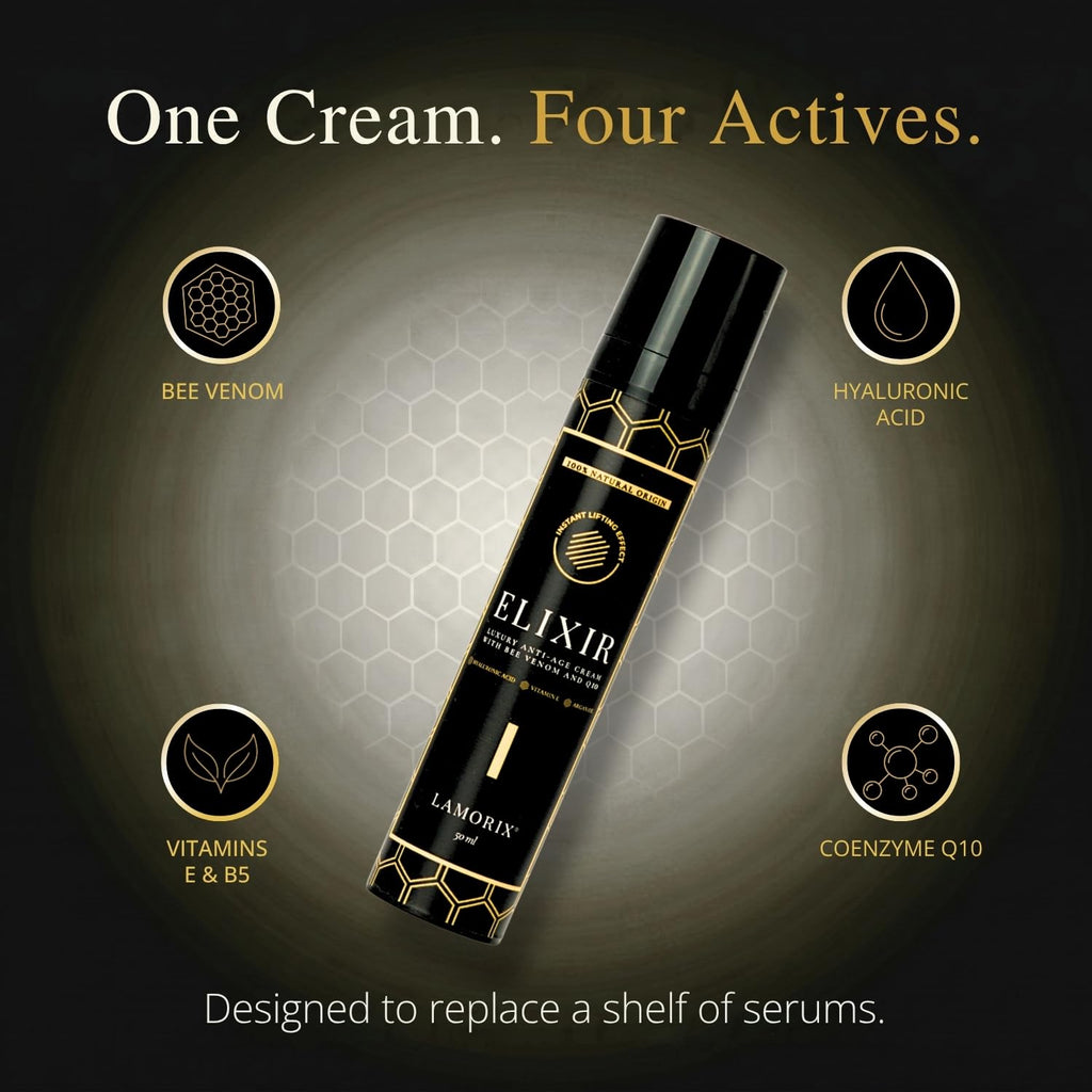 Lamorix ELIXIR Bee Venom Face Cream — Anti-Aging Moisturizer with Hyaluronic Acid, Argan Oil and Coenzyme Q10 — Lightweight Firming Face Lift Cream — EU Made, Dermatologically Tested, 1.7 fl oz