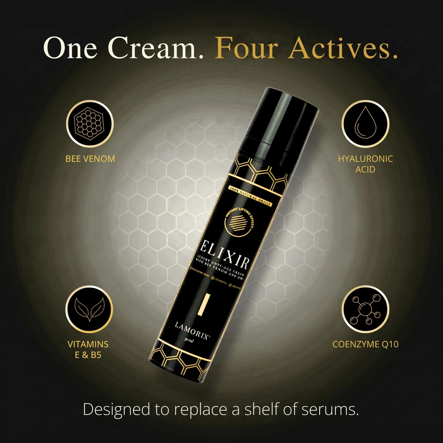 Lamorix ELIXIR Bee Venom Face Cream — Anti-Aging Moisturizer with Hyaluronic Acid, Argan Oil and Coenzyme Q10 — Lightweight Firming Face Lift Cream — EU Made, Dermatologically Tested, 1.7 fl oz