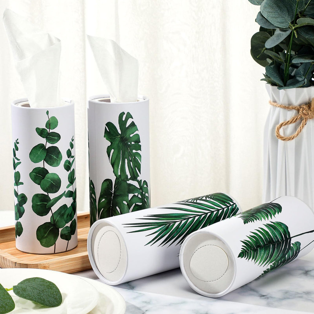 Zonon 8 Pcs Greenery Car Tissue Cylinder with 3-ply Facial Tissue Bulk Round Tissues Holder Box Spring Travel Cylinders Tubes for Car Decoration with 50 Sheets for Cup Holder Round Container