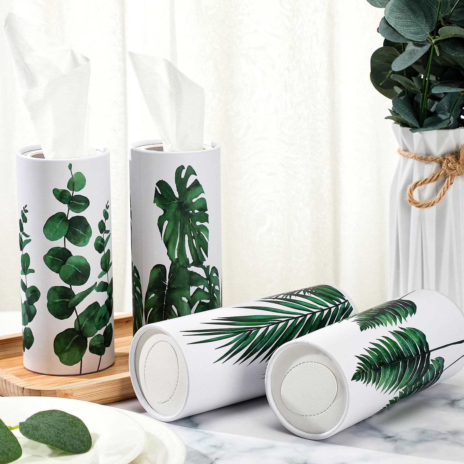 Zonon 8 Pcs Greenery Car Tissue Cylinder with 3-ply Facial Tissue Bulk Round Tissues Holder Box Spring Travel Cylinders Tubes for Car Decoration with 50 Sheets for Cup Holder Round Container