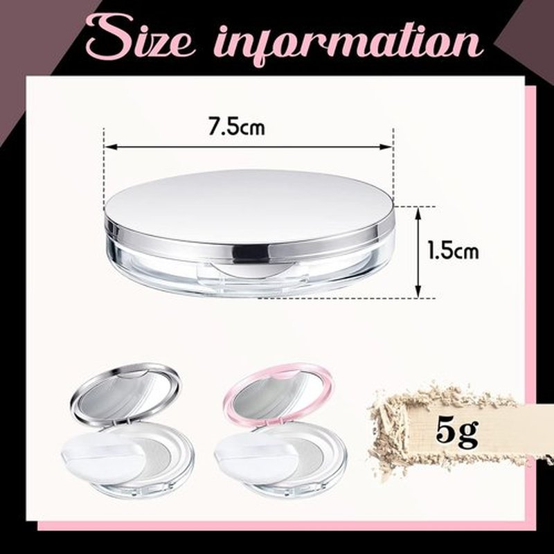 Cunhill Loose Powder Container Set - Reusable Plastic Makeup Case with Puff & Mirror | 0.17 oz, Pink & Silver