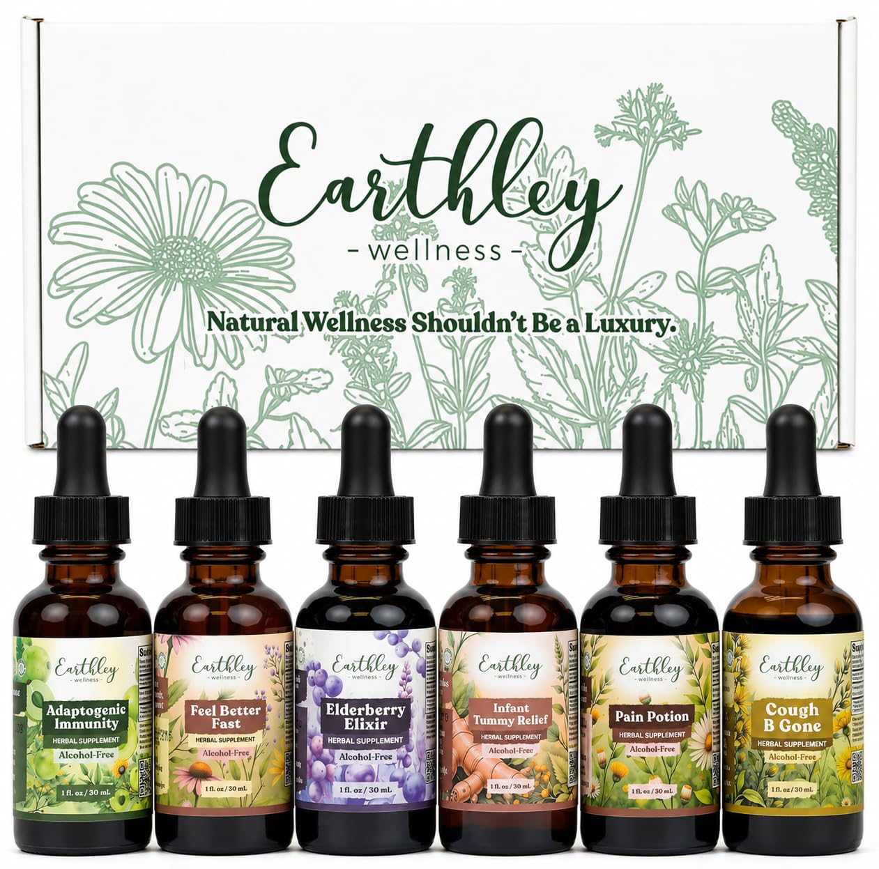 Earthley Wellness Family Organic Herbal Tincture Set, Cough Support Bundle with Elderberry, Cough, Feel Better Fast and More, Alcohol Free Formulas, Carry Bag Included (6 Set, Organic Herbal Formulas)