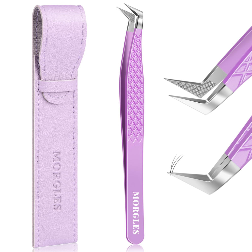 MORGLES Lash Tweezers for Eyelash Extensions, 90 Degree Fiber Tip Eyelash Extension Tweezers for Volume Lashes with Bag, Purple