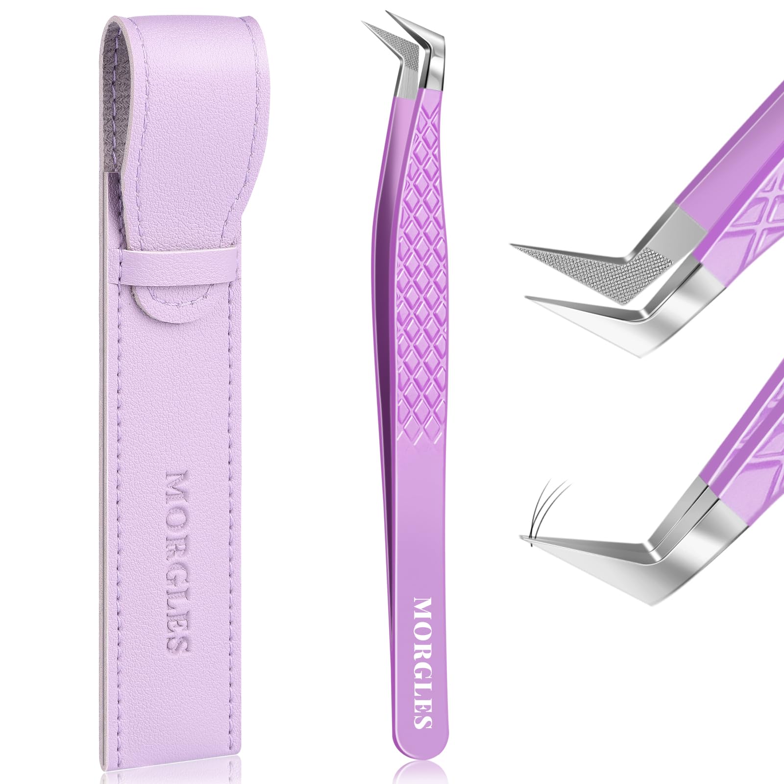 MORGLES Lash Tweezers for Eyelash Extensions, 90 Degree Fiber Tip Eyelash Extension Tweezers for Volume Lashes with Bag, Purple