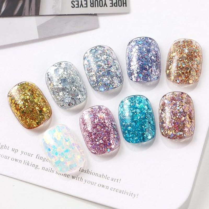 SUTOZMIWE Glitter Gel Nail Polish Set, 9 Colors Glitter Sequins Nail Gel Holographic Laser Effect Sparkle Shimmer 3D Gels Nail Polish Soak Off Curing Need Home Salon DIY Manicure Nail Art Design