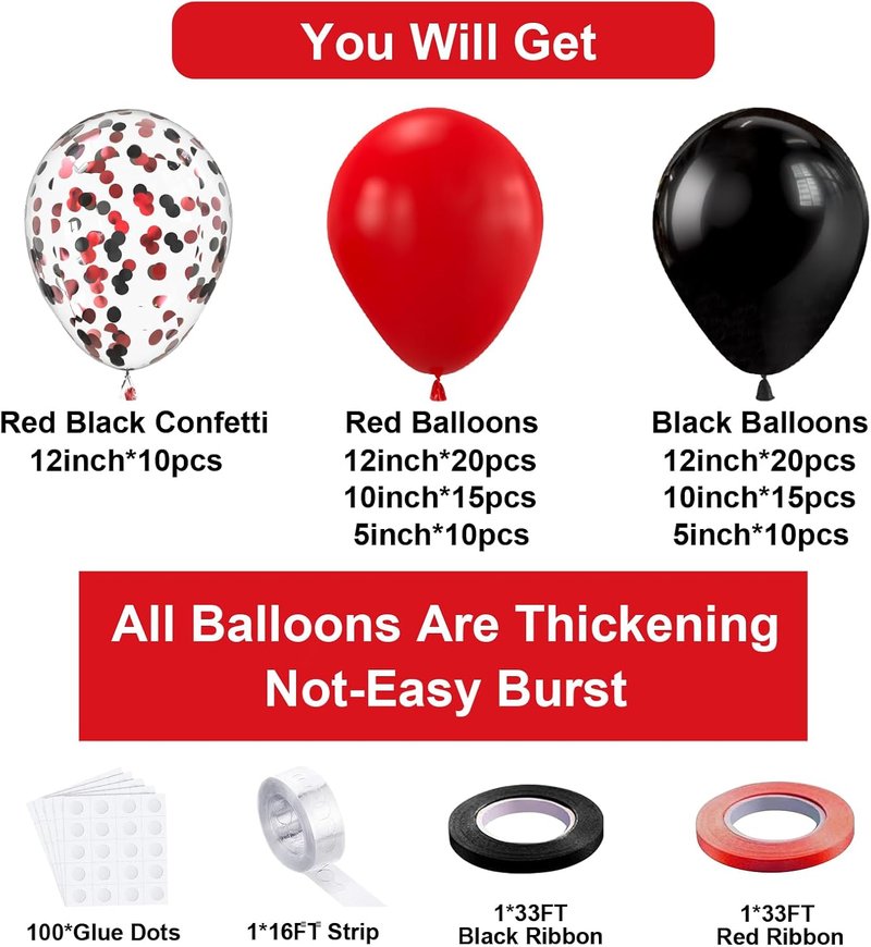 Bezente Red & Black Balloons Garland Kit - 100 Pcs Confetti & Solid Balloons for Wedding, Birthday, Graduation, BBQ, & Prom Decor