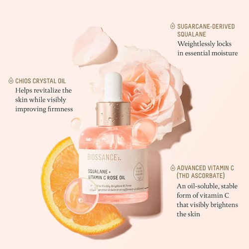 BIOSSANCE Squalane + Vitamin C Rose Facial Oil - Brightening & Hydrating Serum for All Skin Types | Chios Crystal Oil & Damascus Rose Extract
