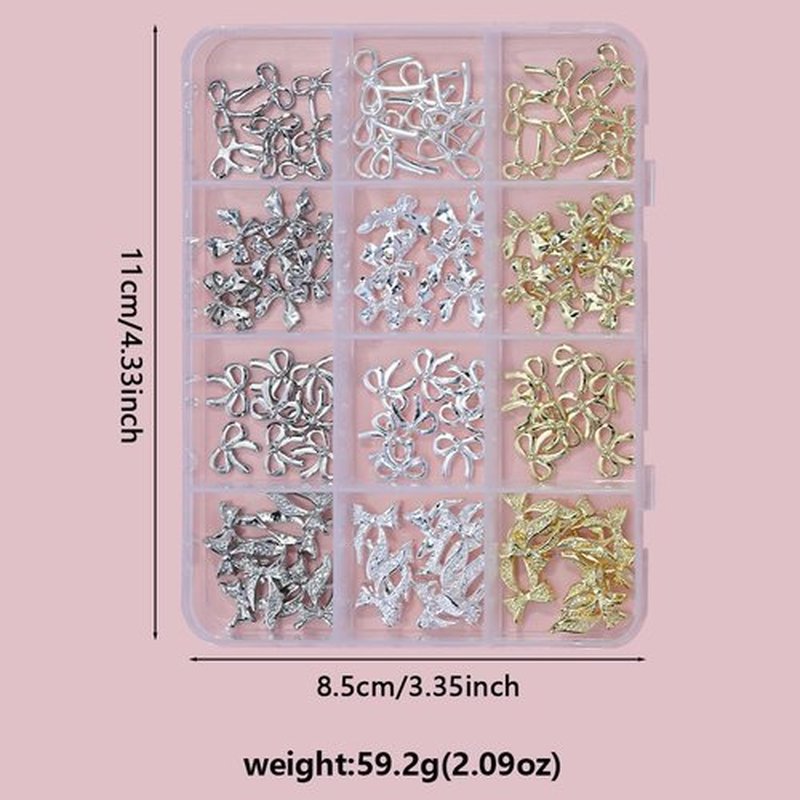 96Pcs/Box 3D Metal Bow Nail Art Charm Gold/Silver Alloy Bows Nail Charm for Nails Art 3D Alloy Bow Tie Jewelry Nail Rhinestone Kawaii Nail Crafts Decor DIY Accessories Manicure Designs Supplies