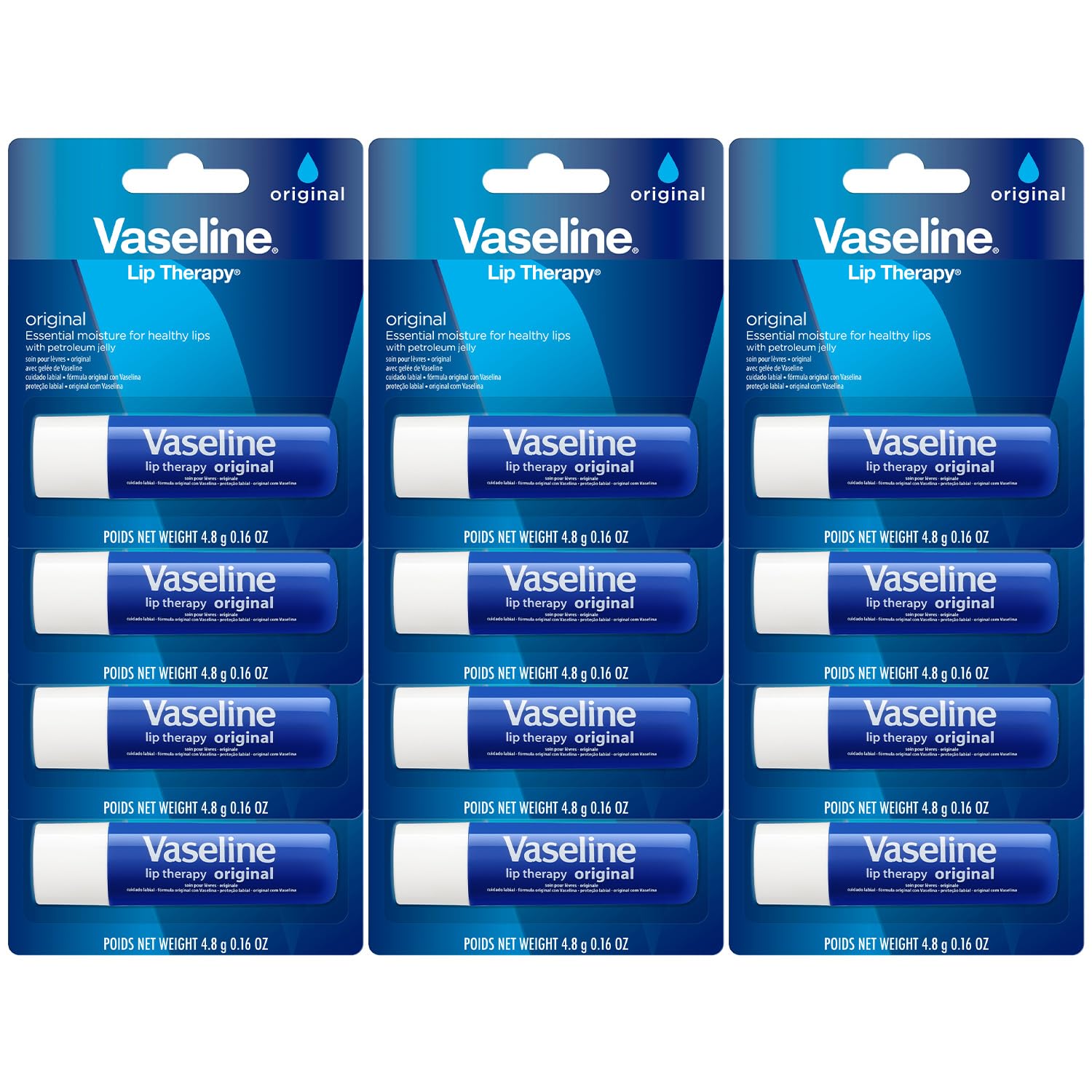 Vaseline Lip Therapy Original 12-Pack – Lip Moisturizer for Dry, Cracked Lips, 0.16 Oz Ea