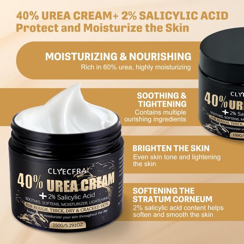 Clyecfra 40% Urea Cream with 2% Salicylic Acid, Urea Cream 40 Percent for Feet & Hands- Maximum Strength Moisturizer for Rough, Dry, Thick & Cracked Skin, Callus Remover, Deep Hydration, 150g
