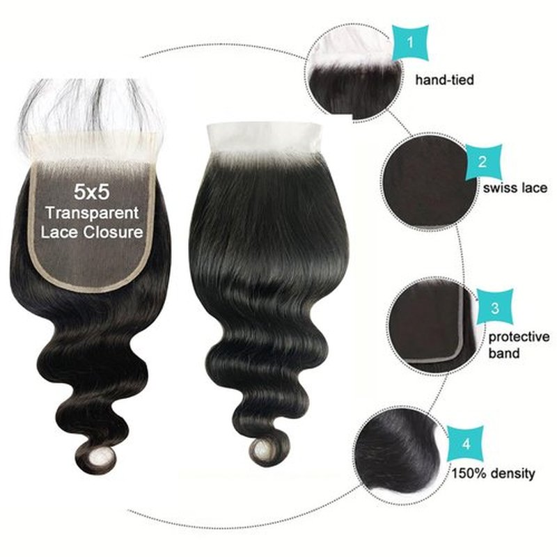 5x5 HD Lace Closure Transparent Frontal 100% Real Body Wave Human Hair 16 Inch HD Lace Closure Only Bleached Small Single Knots Human Hair for Black Women Natural Color